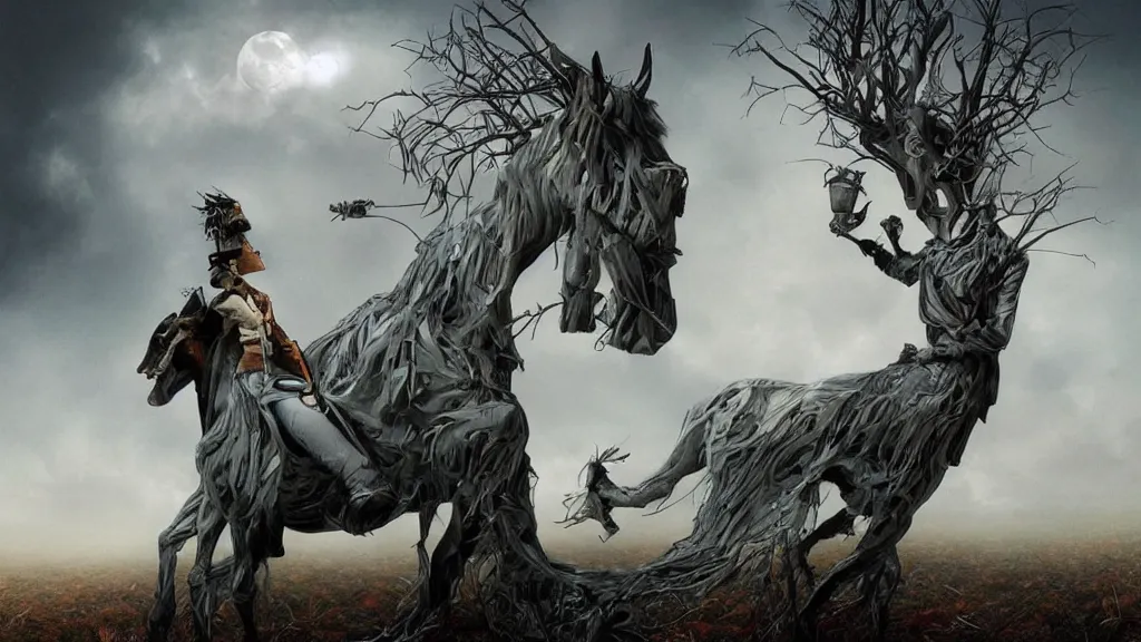 Prompt: washington irving's headless horseman theme surrealist art in the styles of igor morski, jim warren, and a tim burton film, intricate, hyperrealistic, volumetric lighting