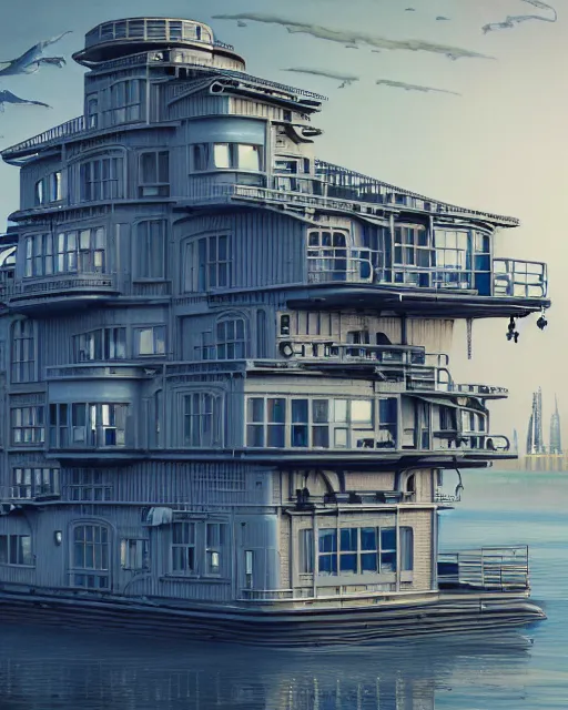 Image similar to a beautiful ultradetailed highly detailed city industrial architecture unfinished building houseboat by georgia o'keeffe, morning sun futuristic otherworldly sea dieselpunk, archdaily, wallpaper, highly detailed, trending on artstation.