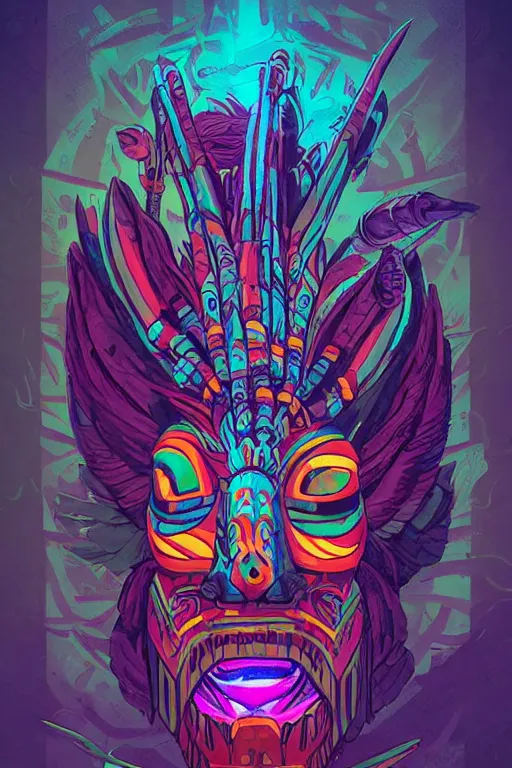 Image similar to totem animal tribal chaman vodoo mask feather gemstone plant wood rock video game illustration vivid color borderlands by josan gonzales and dan mumford radiating a glowing aura global illumination ray tracing