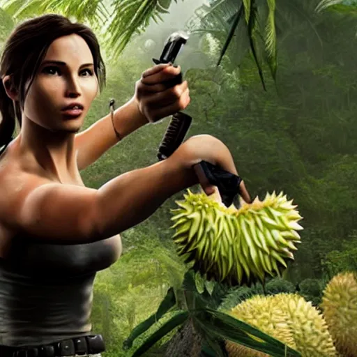 Image similar to Lara croft eating durian