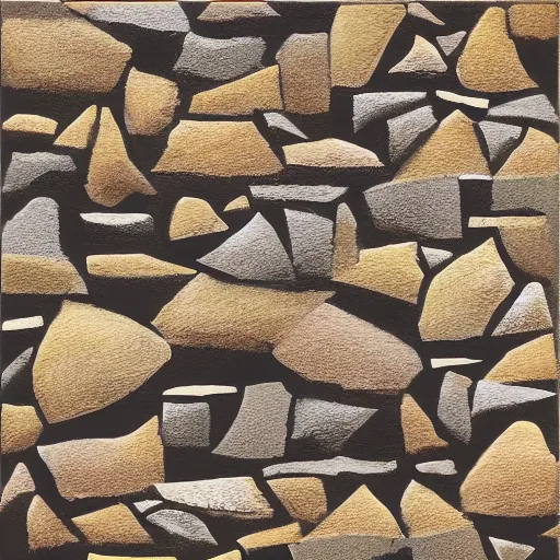 Prompt: masterpiece intricate painting of thousands of square rocky shapes emerging in rich earthy tones. abstract quality with an engineering feel. wind blown. even light.