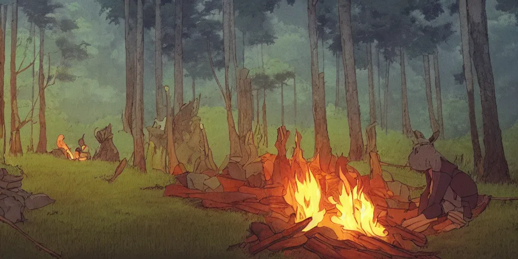 Image similar to award - winning movie still, landscape, dark forest, campfire, by studio ghibli,