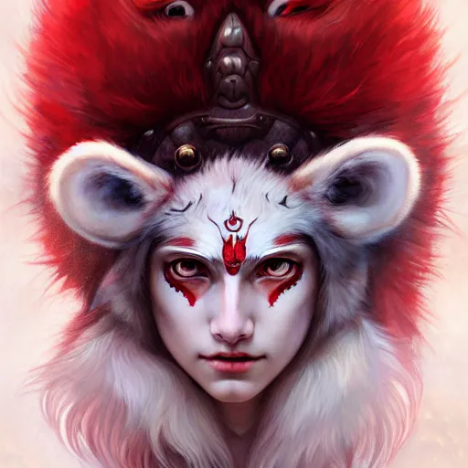 Image similar to Portrait of Princess Mononoke with red facepaint under her eyes, white fur, face, fantasy, intricate, elegant, highly detailed, digital painting, artstation, concept art, smooth, sharp focus, illustration, art by Fernanda Suarez and Artem Demura and alphonse mucha