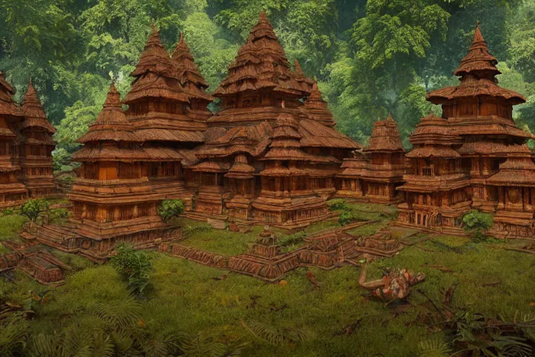 Image similar to Wooden ancient hindu city on the jungle, by Rebecca Guay and James Gurney | digital art | trending on artstation | UHD 8k CryEngine