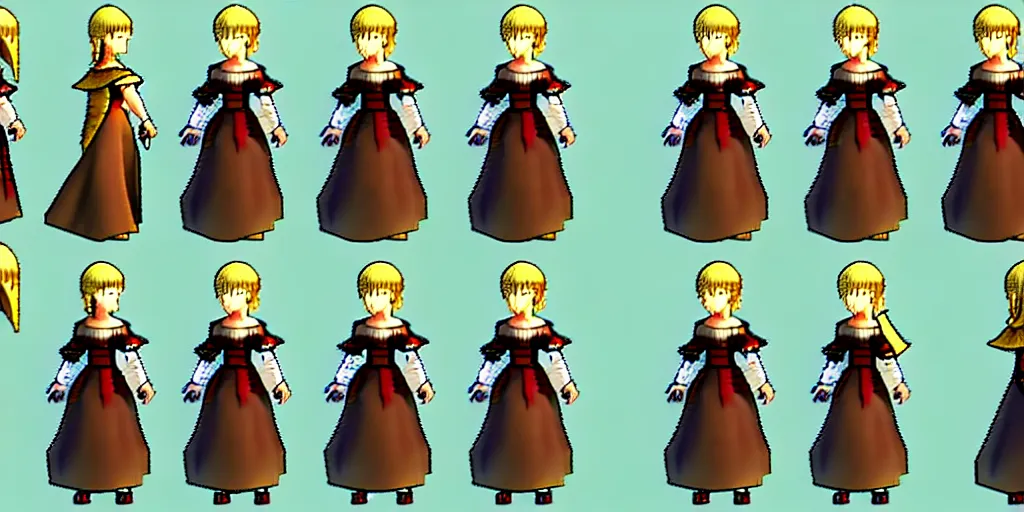 Image similar to walking cycle sprite sheet of a girl in a renaissance dress, walking to the right, each sprite is a different frame of the animation, in the style of final fantasy games, side view of her taking steps, accurate walk cycle, walk cycle, walk cycle, peasant clothes, always wearing the same clothes