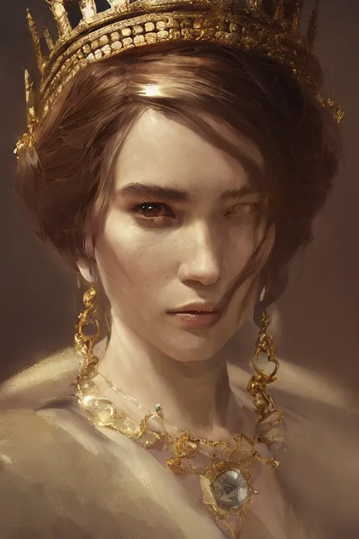 Image similar to a fancy portrait of a young queen by Greg Rutkowski, Sung Choi, Mitchell Mohrhauser, Maciej Kuciara, Johnson Ting, Maxim Verehin, Peter Konig, final fantasy , mythical, 8k photorealistic, cinematic lighting, HD, high details, atmospheric,