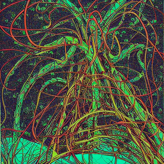 Image similar to poster of a jungle of artificial neural networks and neurons, neurons, highly detailed, in the style of Moebius, Jean Giraud