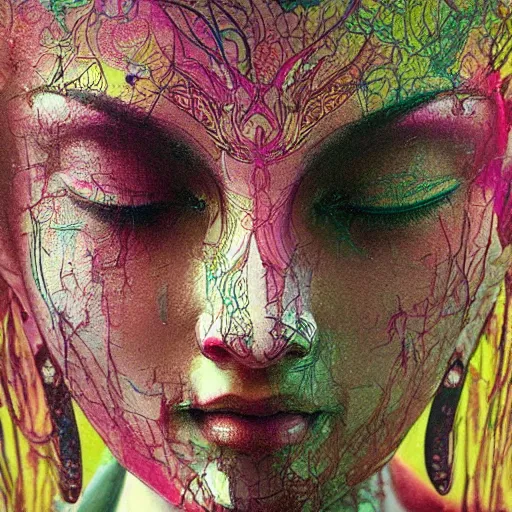 Image similar to contented female bodhisattva, praying meditating, realism, elegant, intricate, close up, portrait photograph by Carne Griffiths and David Cronenberg