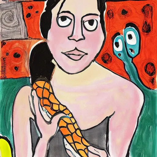 Image similar to A beautiful painting of a snake eating its own tail that seems to go on forever. by Lynda Barry, by Chantal Joffe dreary