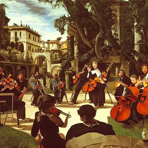 Prompt: oil painting of an orchestra playing at an italian plaza, hanging gardens, renaissance, art by caravaggio, greg staples, mark zug