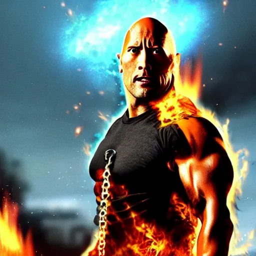 Prompt: dwayne johnson as ghost rider, showing his skull, gta cover art