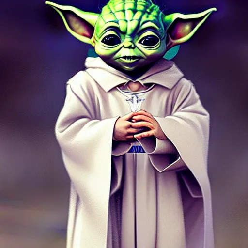 Prompt: baby yoda in his first communion, art by greg rutkowski, intricate, elegant, highly detailed, smooth, sharp focus, artstation