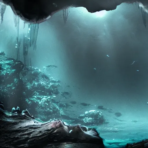 Prompt: very dark underwater cave with a mysterious creature-n 7