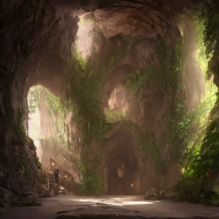 Image similar to secret overwatch arc hallway for living quarters carved inside a cave surrounding a lush garden, trimmed, magical, natural light, clean lines, cozy, fantasy, minimalist architecture, sharp focus, concept art, by greg rutkowski and craig mullins,, octane render 8 k