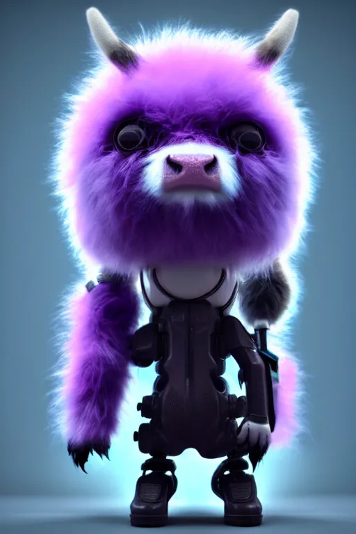 Image similar to high quality 3 d render sci - fi very cute cyberpunk fluffy! cow hybrid!, highly detailed, unreal engine cinematic smooth, in the style of blade runner & detective pikachu, hannah yata charlie immer, purple light, low angle, uhd 8 k, sharp focus