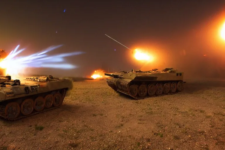 Image similar to battlefield at night, flares light up tanks moving across a desert