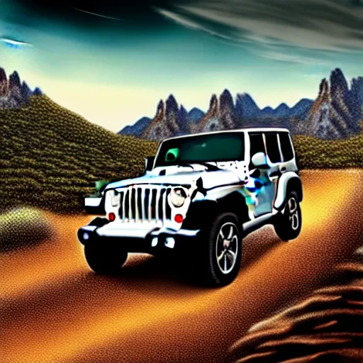 Image similar to Jeep, Off-roading, Mountain landscape, dirt, road, cinematic color, photorealistic, highly detailed wheels, highly detailed