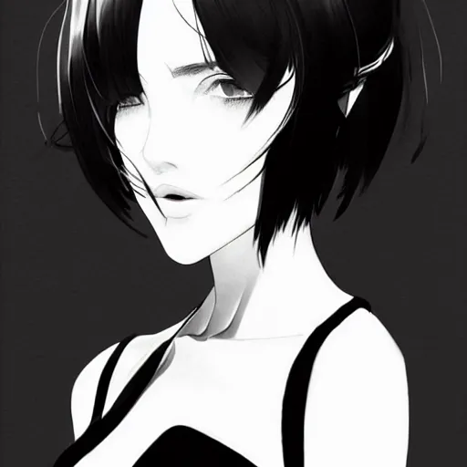 Image similar to slim beautiful killer girl in tuxedo with black wavy bob hair, elegant, 2d, ultra highly detailed, digital painting, smooth, sharp focus, artstation, black and white art by Tsutomu Nihei