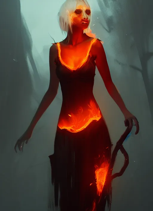 Image similar to satan daughter, wearing, outfit, clothes, full body, fire, hell, lightning, background, pyromancer, intricate, elegant, highly detailed, digital painting, artstation, concept art, smooth, sharp focus, illustration, ethereal, misty, by ilya kuvshinov and jeremy mann, 8 k, octane render