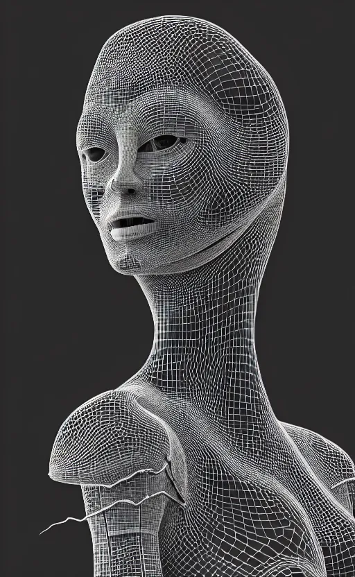 Image similar to black and white complex 3d render of a beautiful profile woman face, vegetal dragon cyborg, 150 mm, silver magnolia stems, roots, fine lace, maze like, mandelbot fractal, anatomical, facial muscles, cable wires, microchip, elegant, highly detailed, black metalic armour, rim light, octane render, H.R. Giger style