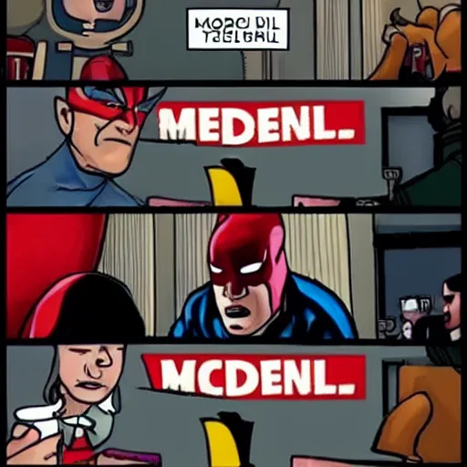 Image similar to daredevil eating in mcdonalds, marvel