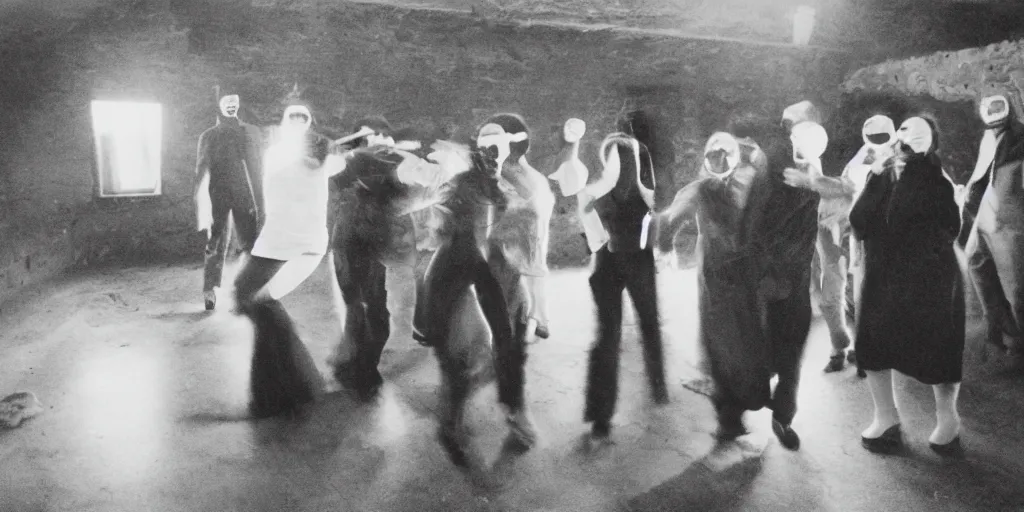 Prompt: creepy photo of people in italian doctor masks dancing around a small obsidian monolith in a barn, 70mm film, old film, found film, scary, ominous, disturbing