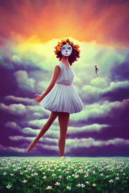 Prompt: giant white daisy flower as head, full body girl dancing in a flower field, surreal photography, sunrise, dramatic light, impressionist painting, colorful clouds, digital painting, artstation, simon stalenhag