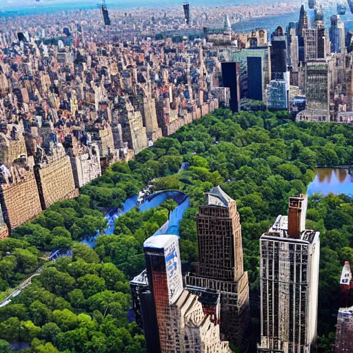 Prompt: central park in new york city is converted into an amusement park, aerial view