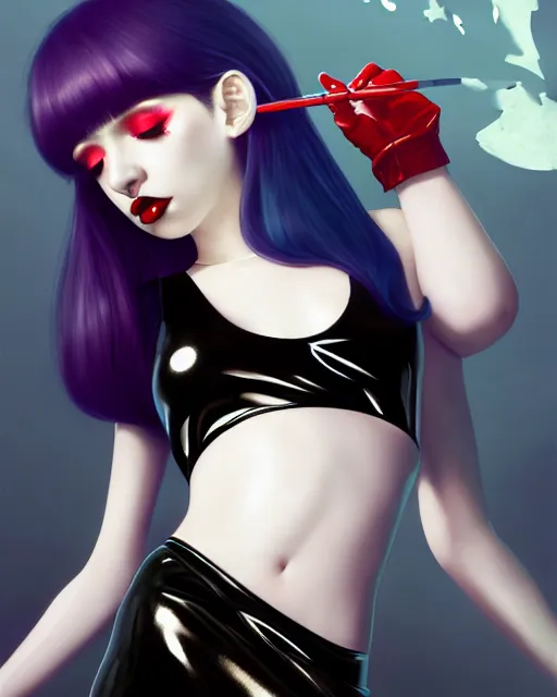 Image similar to a full body portrait of pale skin goth in shiny latex mini skirt and shiny latex tank top, long curvy black hair, red lips, pastel makeup, digital painting by ilya kuvshinov and ross tran and karol bak and stanley lau and anna dittmann and artgerm and xiaoguang sun and tian zi