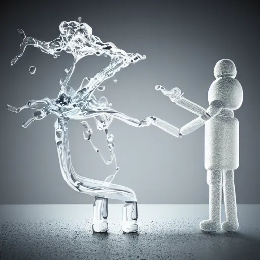 Image similar to a scientist standing over an android. the android is sitting in a dentist's chair. a white viscous liquid is pouring from the scientist's mouth like a river, into the mouth of the android. 3 5 mm 8 k hdr realistic