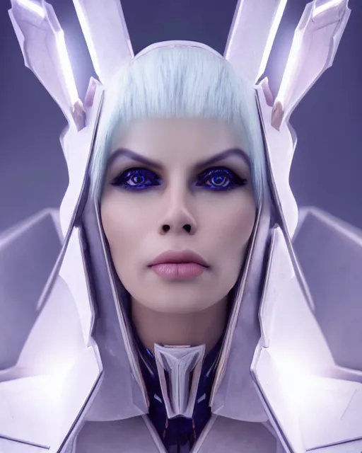 Image similar to perfect white haired attractive egyptian goddess, warframe armor, beautiful, symmetric, dreamy, half asian, pretty face, blue eyes, joanna lumley, detailed, scifi platform, laboratory, experiment, 4 k, ultra realistic, epic lighting, android body, illuminated, cinematic, masterpiece, art by akihito tsukushi, voidstar