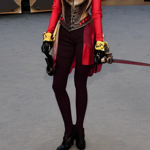 Prompt: full body photo of emma stone as a steampunk vampire warrior