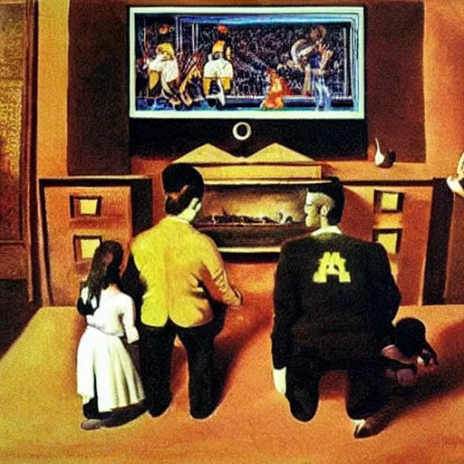 Image similar to family watching sporting event on tv, painting by Salvador Dali