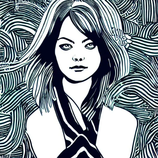 Image similar to detailed illustration of emma stone in flat colour, by james jean, by yukio shimizu