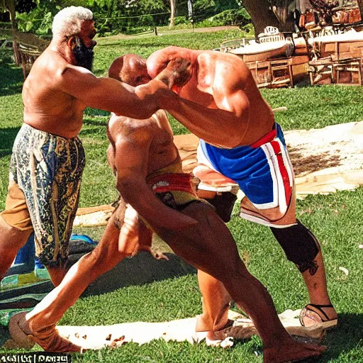 Image similar to mr. t fighting old man, backyard wrestling, intricate complexity, extremely detailed, very sharp,