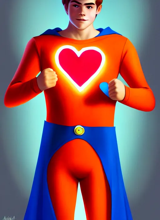 Image similar to friendly teenage archie andrews wearing an orange superhero costume with heart logo, heart, freckles, blue cape, heart emblem on chest, blue cape, intricate, elegant, glowing lights, highly detailed, digital painting, artstation, sharp focus, illustration, art by wlop, mars ravelo and greg rutkowski