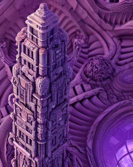Image similar to detailed render giant alien greeble tower art nouveau rococo architecture carved out of complex mandelbulb with royal purple quartz rendered in cinema 4 d octane