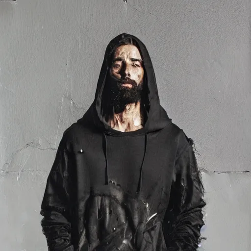 Image similar to a full body lookbook portrait of modern - day jesus wearing virgil abloh streetwear collection by nicola samori, hat and hoodie, detailed, oil painting, hyper - realistic, 8 k, yeezy collection