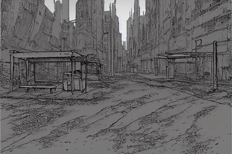 Image similar to bus stop at silent dark city, post apocalyptic city street by Moebius