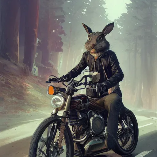 Image similar to highly detailed portrait of a biker rabbit in gta v, stephen bliss, unreal engine, fantasy art by greg rutkowski, loish, rhads, ferdinand knab, makoto shinkai and lois van baarle, ilya kuvshinov, rossdraws, tom bagshaw, global illumination, radiant light, detailed and intricate environment