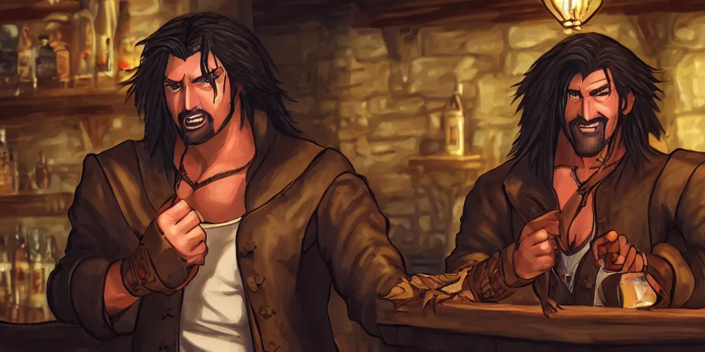 Prompt: Trevor Belmont from Castlevania, enjoying a pint of ale at a tavern, digital art, HDR, happily smiling, holding the pint of ale, sitting at the bar, warm lantern lighting.