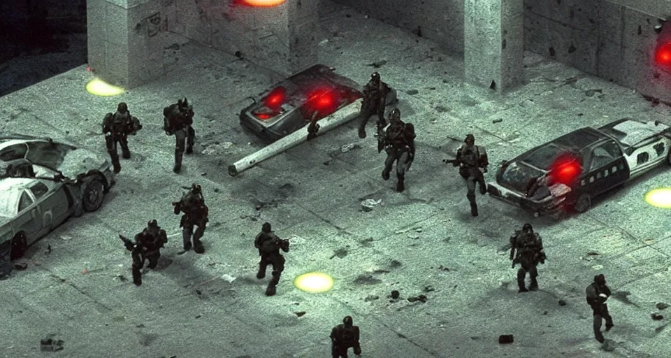 Image similar to 1998 Video Game Screenshot of Neo-tokyo Cyborg bank robbers vs police, Set inside of Parking Garage, Dark, Multiplayer set-piece Ambush, Tactical Squads :10, Police officers under heavy fire, Suppressive fire, Pinned down, Destructible Environments, Gunshots, Headshot, Bullet Holes and Anime Blood Splatter, :10 Gas Grenades, Riot Shields, MP5, AK45, MP7, P90, Chaos, Anime Machine Gun Fire, Gunplay, Shootout, :14 FLCL + Jet Grind Radio, Cel-Shaded:17, Created by Katsuhiro Otomo + Arc System Works + miHoYo: 20
