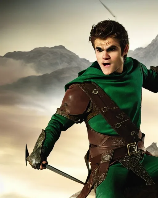 Image similar to Actor Paul Wesley As an Elf Ranger riding a giant Battle Eagle as it soars over the Mountains of Mordor,photorealistic, cinematic