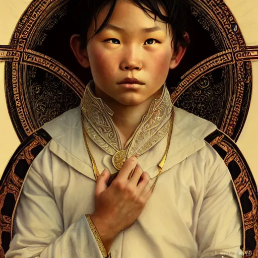 Image similar to illustration of a mongolian boy, d & d, fantasy, intricate, elegant, highly detailed, digital painting, artstation, concept art, smooth, sharp focus, illustration, art by artgerm and greg rutkowski and alphonse mucha