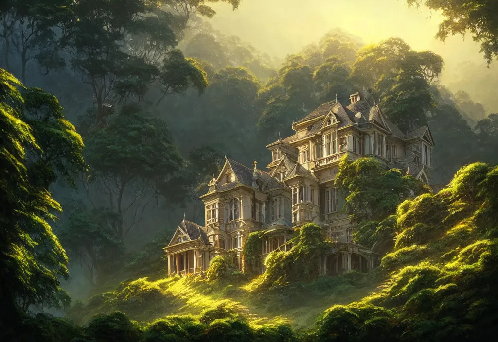 Image similar to victorian country house on a hillside surrounded by jungle, cinematic view, blue sky, detailed, concept art, high angle, high detail, warm lighting, volumetric, godrays, vivid, trending on artstation, by jordan grimmer, art greg rutkowski