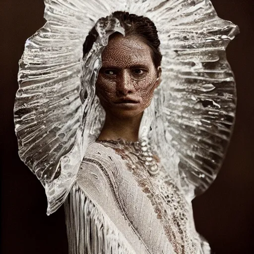 Image similar to full shot of a regal brown woman wearing an intricate armor made of many layers of ice. no makeup!! freckles!! haunting eyes. vulnerable. fragile. ethereal. elaborate. ice caves. glaciers. refracted light. extremely soft lighting. textures. delicate. translucent. by ray cesar. by louise dahl - wolfe. by andrea kowch. surreal photography.