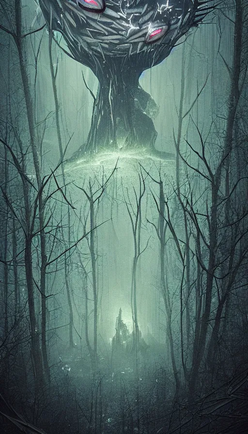 Image similar to a storm vortex made of many demonic eyes and teeth over a forest, by beeple