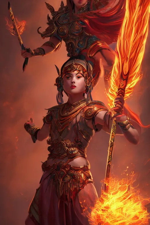 Image similar to a masterpiece portrait of nezha, legendary god holding spear, man, flame everywhere, epic pose, fantasy character portrait, closeup shot, hyper detailed, digital painting, 8 k realistic, trending on artstation, sharp focus, dof, by fenghua zhong, artgerm, ne zha from smite, jeff easley, raymond swanland