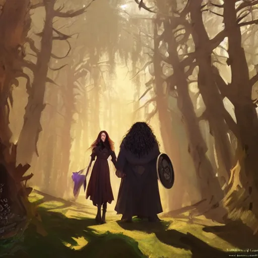 Image similar to hagrid the viking and gothic medieval morticia addams walking in enchanted forest in a sunny day, jodhpurs greg manchess painting by sargent and leyendecker, studio ghibli fantasy medium shot asymmetrical intricate elegant matte painting illustration hearthstone, by greg rutkowski by greg tocchini by james gilleard