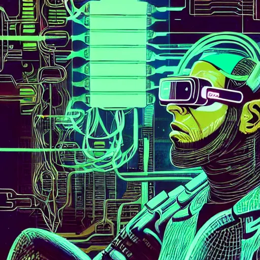 Image similar to a portrait of a cybernetic man wearing virtual reality headset, smoking a cigarette, wires, cyberpunk concept art by josan gonzales and philippe druillet and dan mumford and enki bilal and jean claude meziere